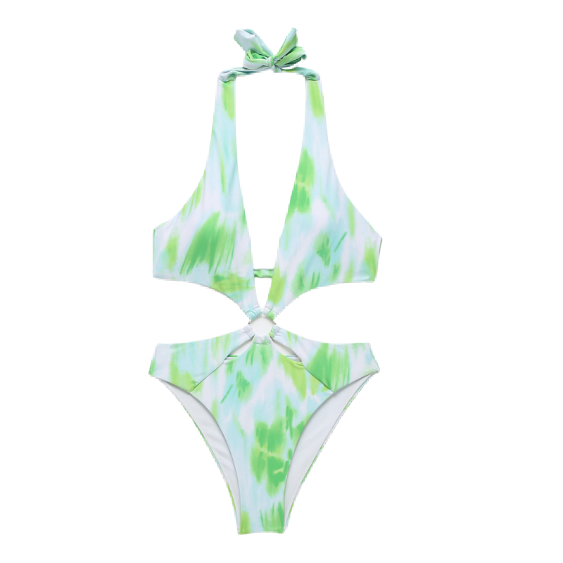 One-Piece Tie-Dye Swimwear - Green and White - L