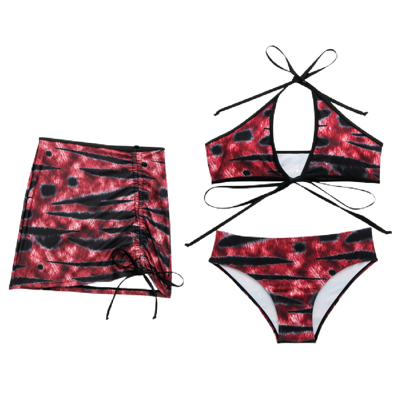 Three-Piece Bikini Tie-Dye Swimwear - Burgundy