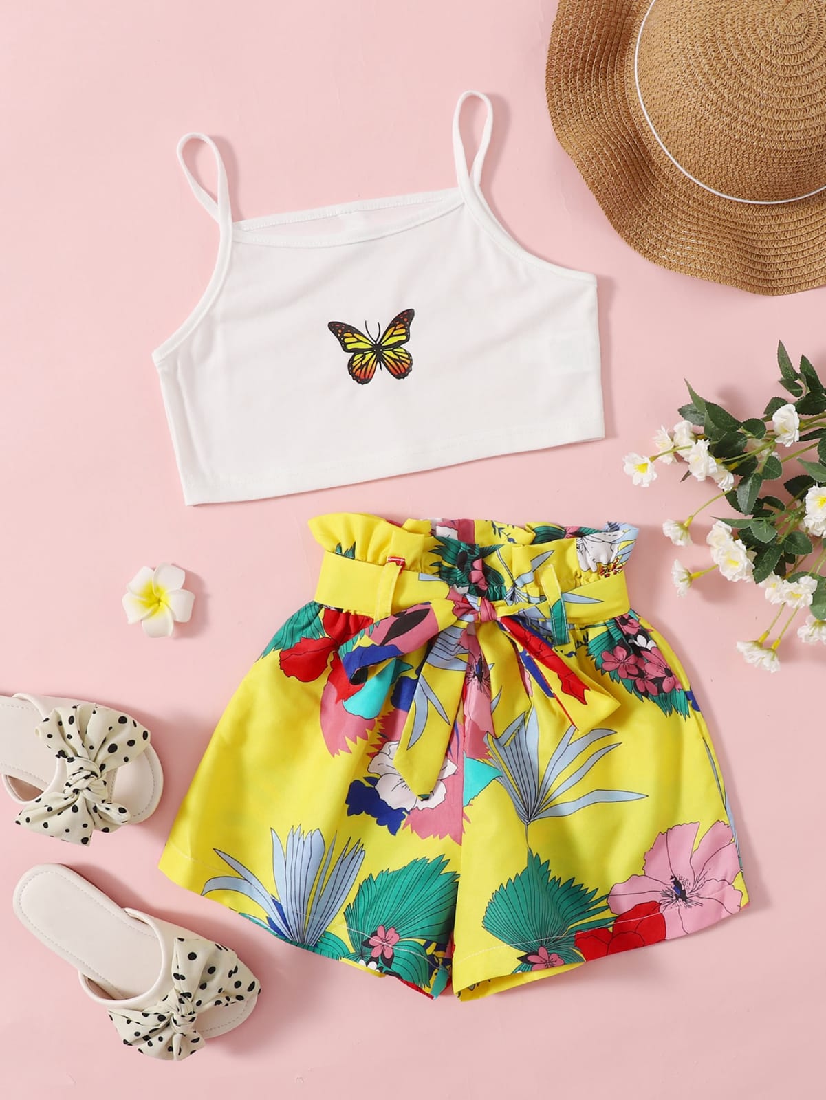 Toddler Girls Butterfly Print Cami Top & Paper Bag Waist Belted Shorts