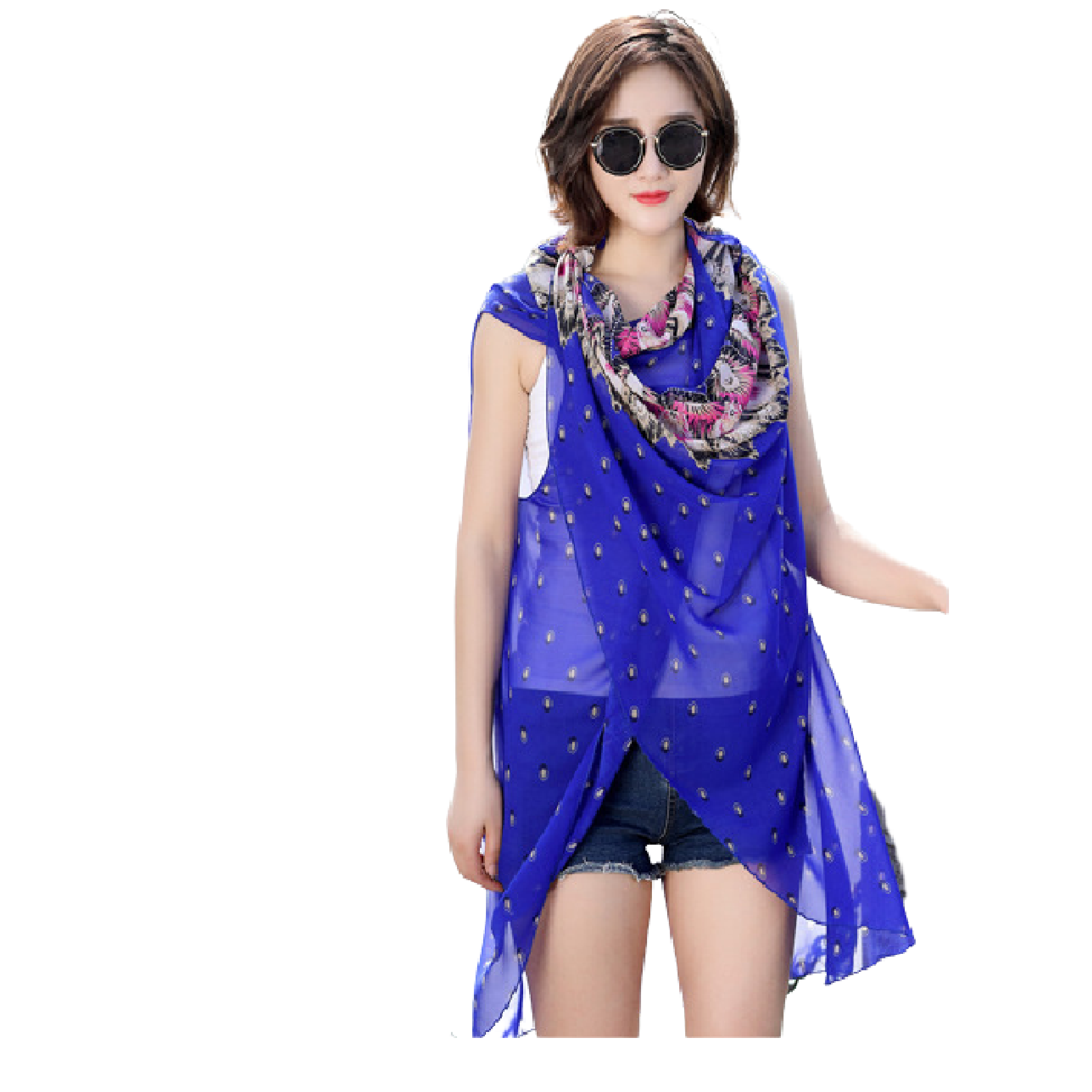 Versatile Sleeveless Chiffon Shirt - Shawl - Scarf -Cobalt Blue