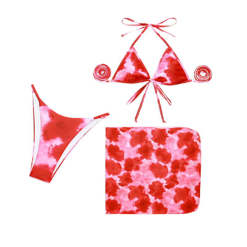 Three-Piece Bikini Tie-Dye Printed Tether Veil Swimwear