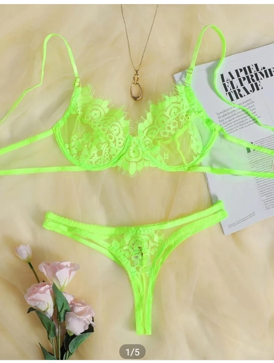 Neon Lime Floral Lace Cutout Lingerie Set
